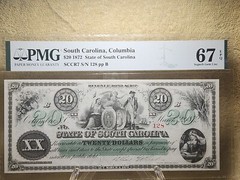 1872 $20 Revenue Bond Script Columbia, South Carolina PMG 67 Superb Gem UNC EPQ!