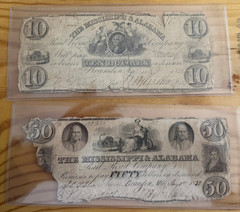 2 Notes = $10 (1836?) & $ 50 (1838?) Mississippi & Alabama Rail Road Co. Brandon