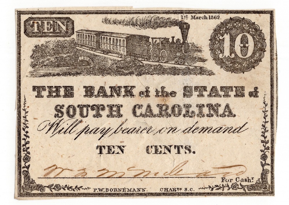 1862 10c The Bank of the State of South Carolina – AU++ Cut Cancelled