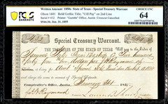 Jan 31, 1855 Austin Texas $544.36 Special Treasury Warrant PCGS Choice 64
