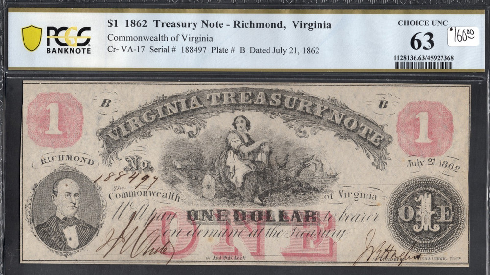 $1- 1862 Treasury Note- Richmond, Va- Choice UNC 63