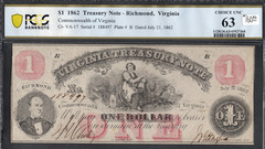 $1- 1862 Treasury Note- Richmond, Va- Choice UNC 63