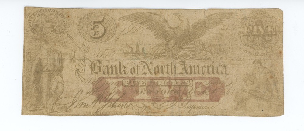 BANK OF NORTH AMERICA, NEW YORK 1861 $5 BANKNOTE