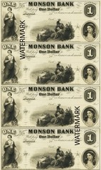 Monson MA The Monson Bank G2 $1-1-1-1 Obsolete Currency Sheet REPRODUCTION SENC
