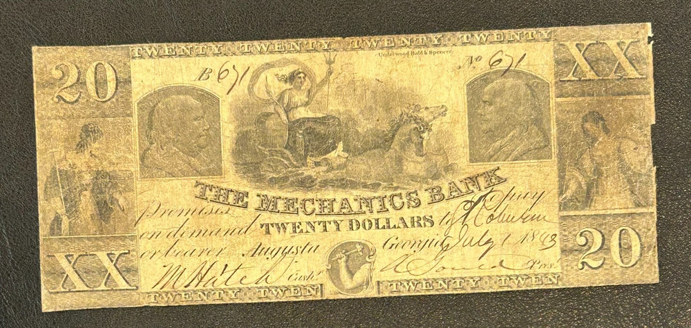 1848 Twenty Dollar $20 Mechanics Bank Augusta GA Currency Note Bill Obsolete