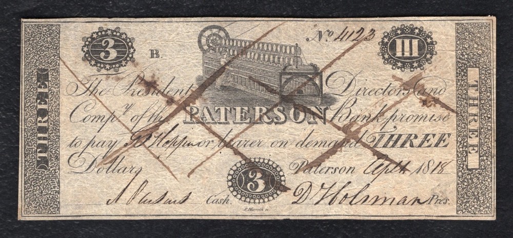 1818 $3 THE PATERSON BANK NEW JERSEY OBSOLETE CURRENCY NOTE