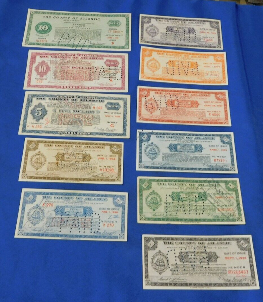 Atlantic County Depression Script, 11 Different Notes 1930’s, 11 Different