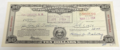 1954 $10 SERIES 1939 POSTAL SAVINGS SYSTEM CERTIFICATE Deposit, Bank 1911 – 1966