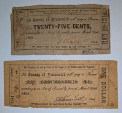 1862 Brunswick County, Virginia 25 Cents & $1 Notes.