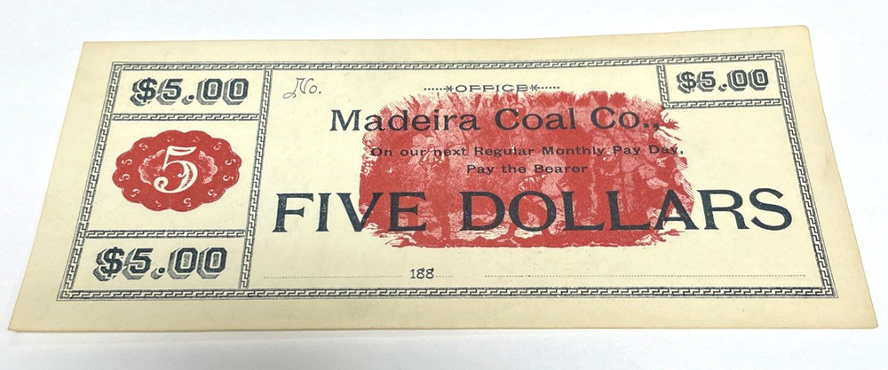 1880 $5 MADEIRA COAL CO. OBSOLETE CURRENCY SCRIP LONE STAR OHIO 188X’s