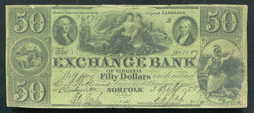 1858 $50 THE EXCHANGE BANK OF NORFOLK, VIRGINIA OBSOLETE CURRENCY NOTE 