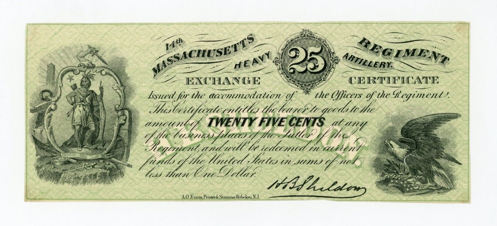 1860s 25c 14th MASSACHUSETTS Regiment Heavy Artillery – HB Sheldon Sutler Scrip