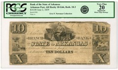 1839 Roth. 18-3 $10 The Bank of the State of ARKANSAS Note – PMG VF 20