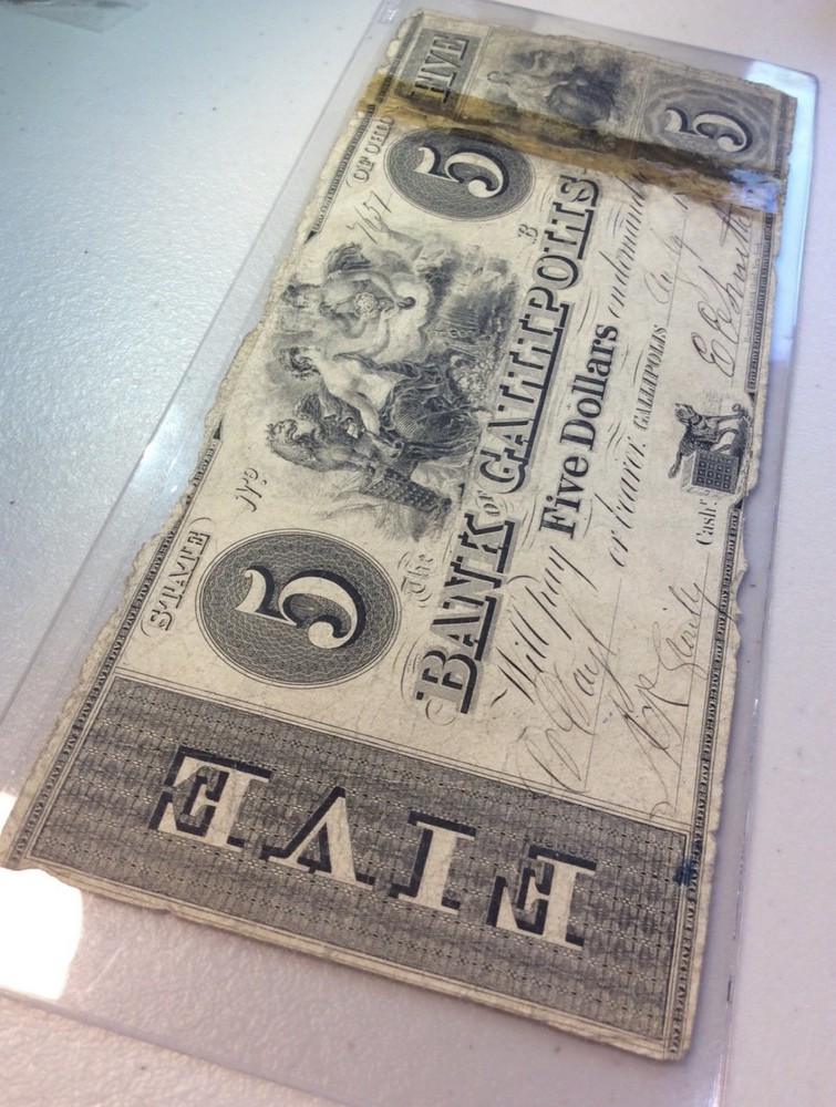 Scarce 1839 $5 Bank of Gallipolis- Under 200 Exist Today- Obsolete Currency Note