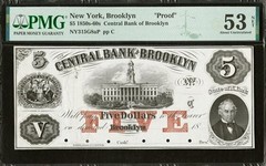Brooklyn, NEW YORK- Central Bank of Brooklyn $5 1800s Proof PMG 53