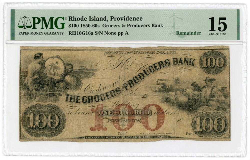 1800s $100 The Grocers and Producers Bank – Providence, RHODE ISLAND Note PMG 15
