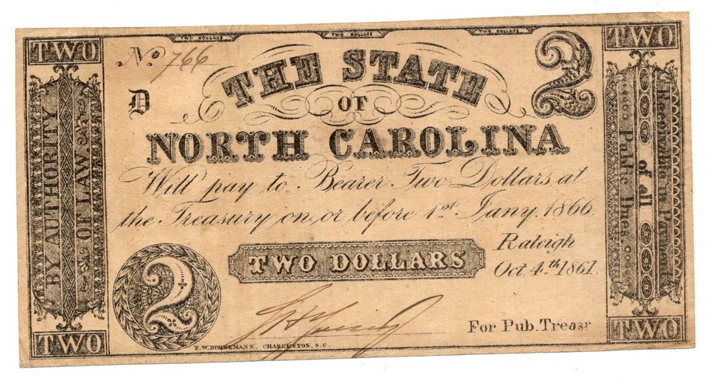 US OBSOLETE TWO DOLLARS NORTH CAROLINA 1861 NC-CR-21