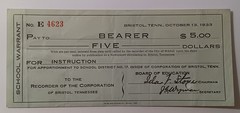 Bristol, TN School Warrant $5 Depression Scrip Series E Dated October 13, 1933