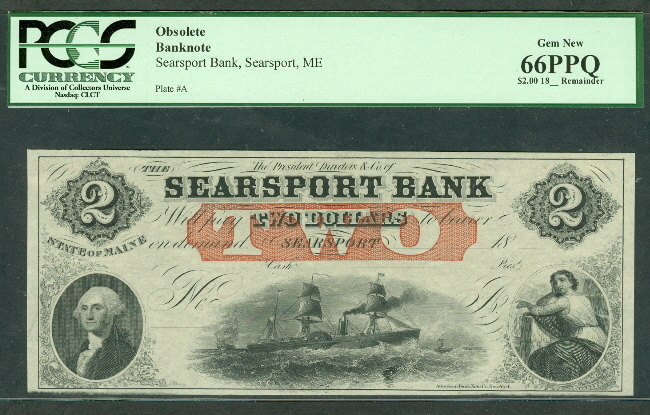 MAINE Searsport Bk 1860’s, $2.00 Ship at sea Remainder, PCGS Grade 66PPQ GR66PPQ