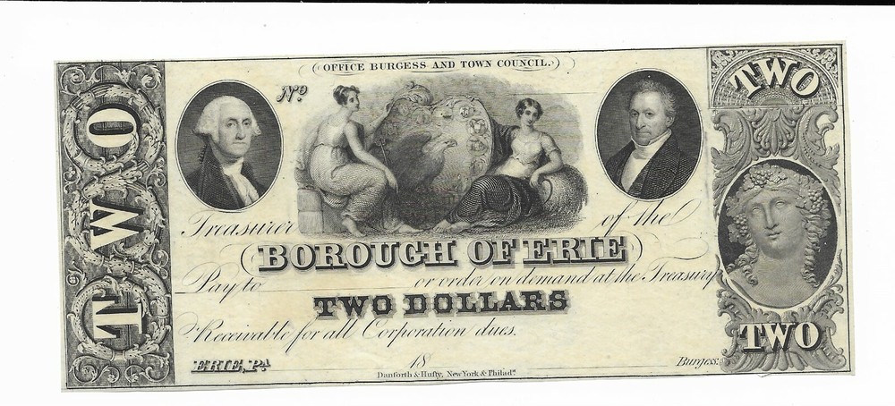 $2 Borough of Erie Pennsylvania 1840s Maid Shield Eagle Choice Uncirculated Rare