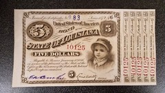 1870s Five Dollars State of Louisiana BABY BOND $5 UNCIRCULATED w Coupons #91479