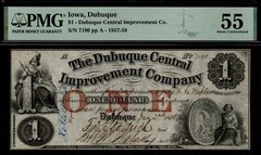 1858 $1 The DUBUQUE CENTRAL IMPROVEMENT CO, IOWA Broken Banknote! PMG AU 55!
