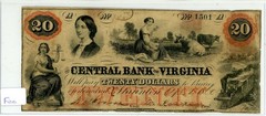 1860 $20 Central Bank of Virginia, VA Obsolete Note in Fine Condition