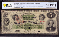 1866 $5 STATE OF LOUISIANA NEW ORLEANS OBSOLETE POST NOTE PCGS ABOUT UNC 55 PPQ