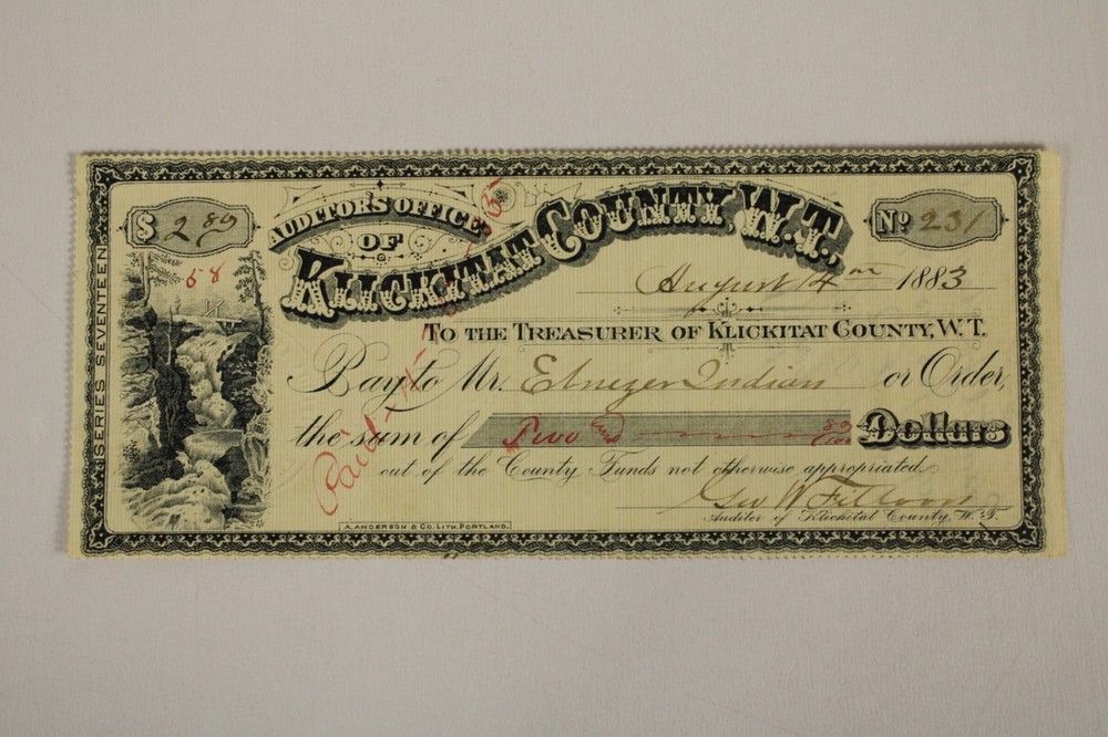 Auditor’s State Office Treasurer of Klickitat County Funds WT 1883 1800s Antique