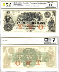 1860’s $2 Farmington Bank New Hampshire PCGS Choice UNC 64