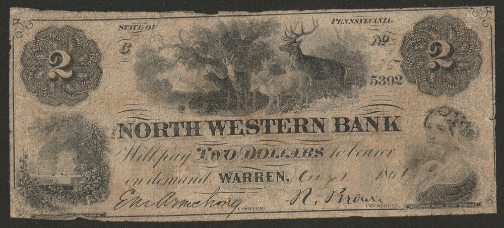 USA 1861 NORTH WESTERN BANK WARREN PENNSYLVANIA 2 DOLLAR VERY RARE!!!