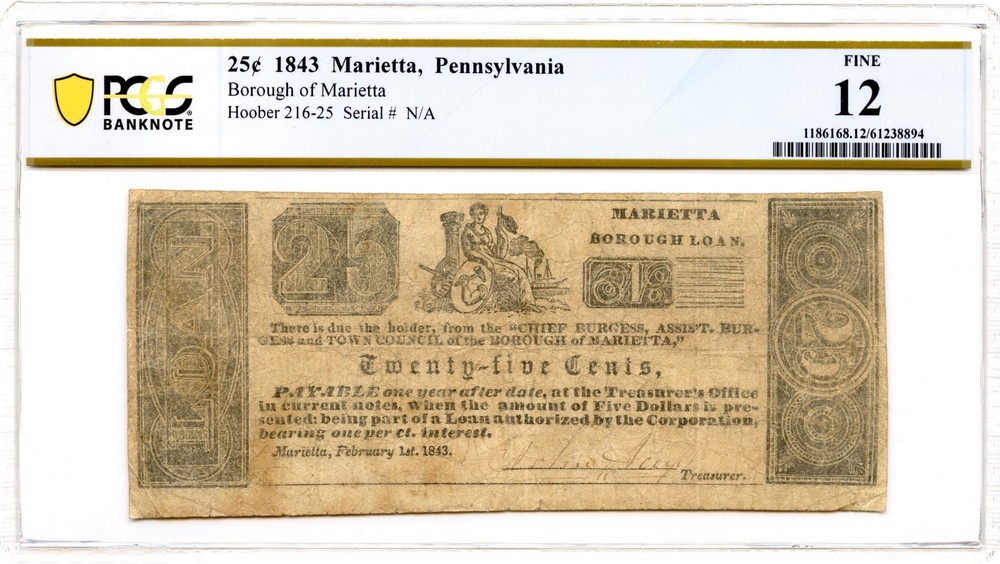 1843 25 Cent Marietta, Pennsylvania Obsolete Note Borough Loan PCGS F-12 *Scarce