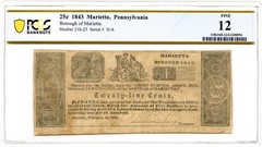 1843 25 Cent Marietta, Pennsylvania Obsolete Note Borough Loan PCGS F-12 *Scarce