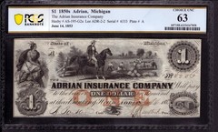 1853 $1 ADRIAN INSURANCE COMPANY MICHIGAN OBSOLETE NOTE CURRENCY PCGS B CU 63