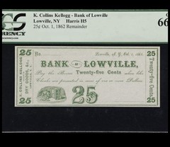 1862 NEW YORK Lowville Kellogg Bank Civil War Obsolete Banknote Currency PCGS 66