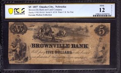 1857 $5 BROWNVILLE BANK & LAND COMPANY NEBRASKA NO TINT OBSOLETE NOTE PCGS F 12
