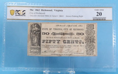 1862 50¢ City of Richmond Virginia – TR06-10 – #28041 -Arrows Right – PCGS 20