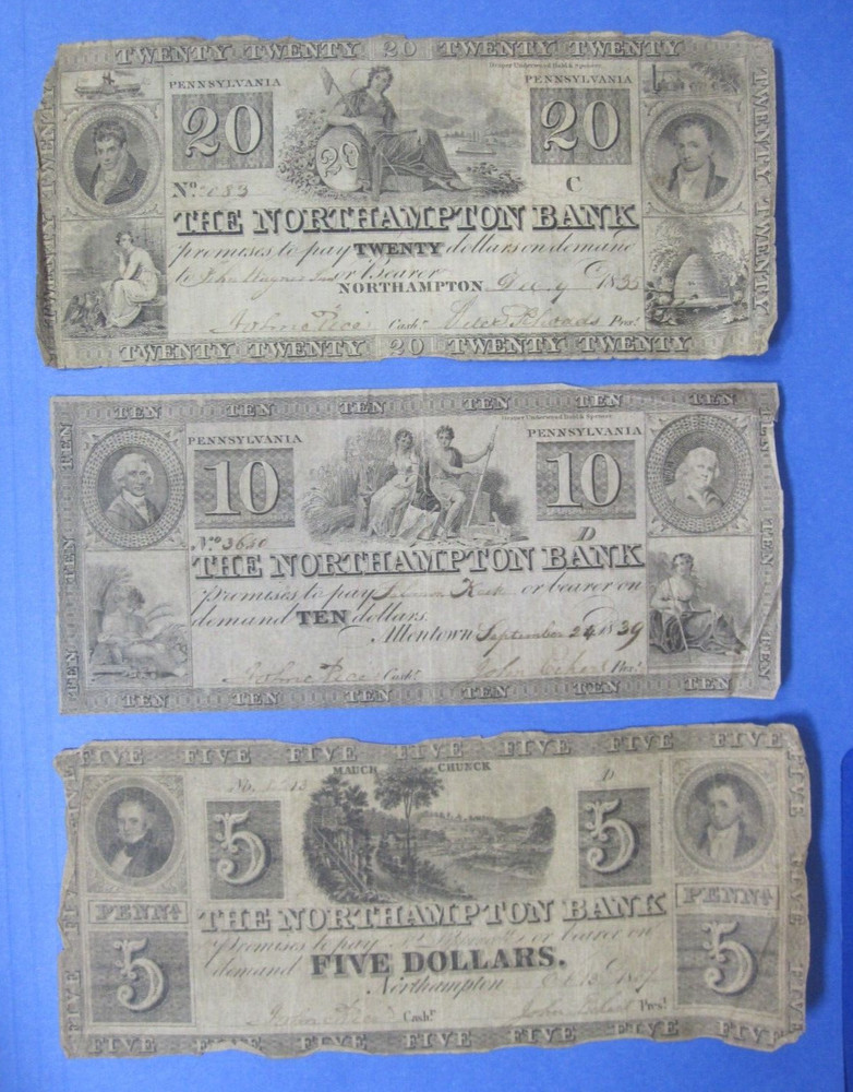 (Set of 3) Mid-1800’s Obsolete Currency ~ Northampton Bank, PA ~ $5, $10 and $20