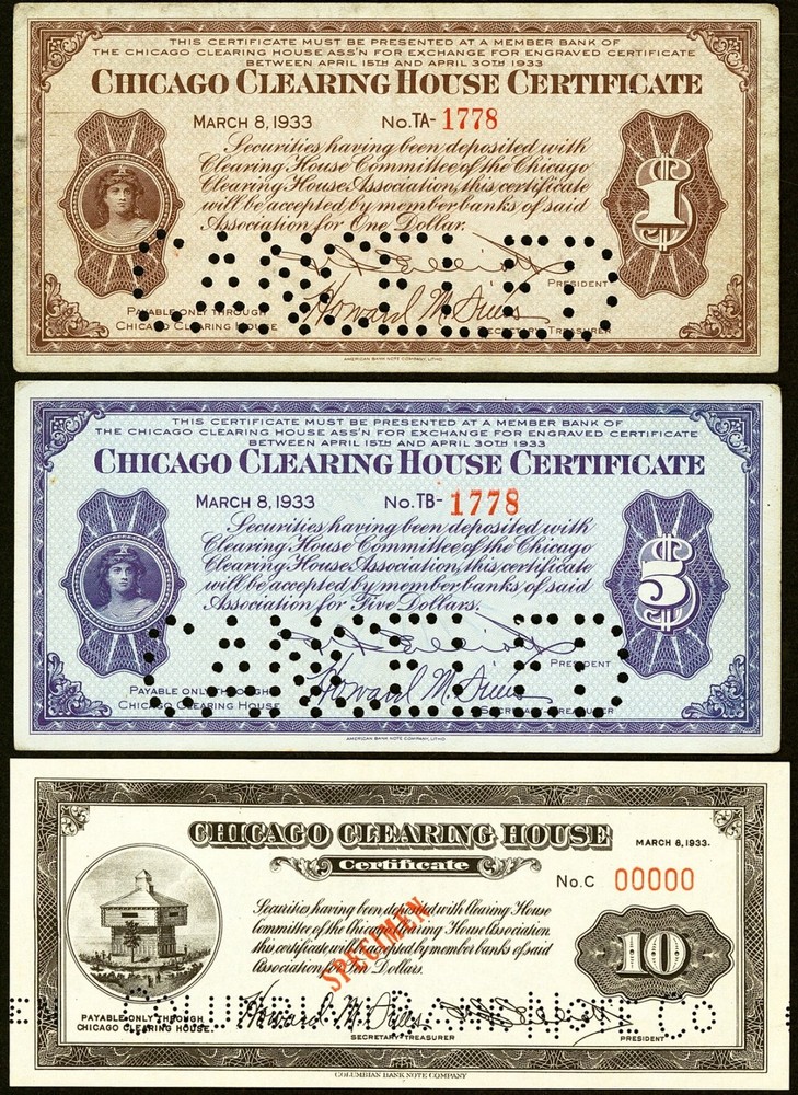 (3) Chicago, IL – Chicago Clearing House Cert. Depression Scrip $1; $5; $10