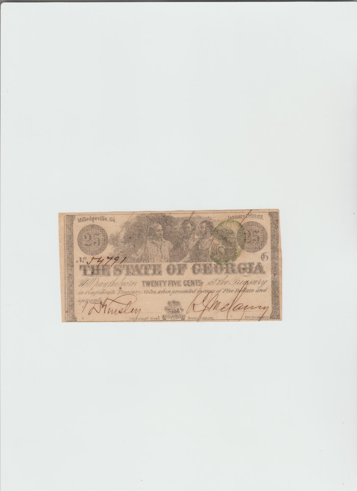 1863 25c The State of Georgia, Milledgeville GA Confederate Fractional