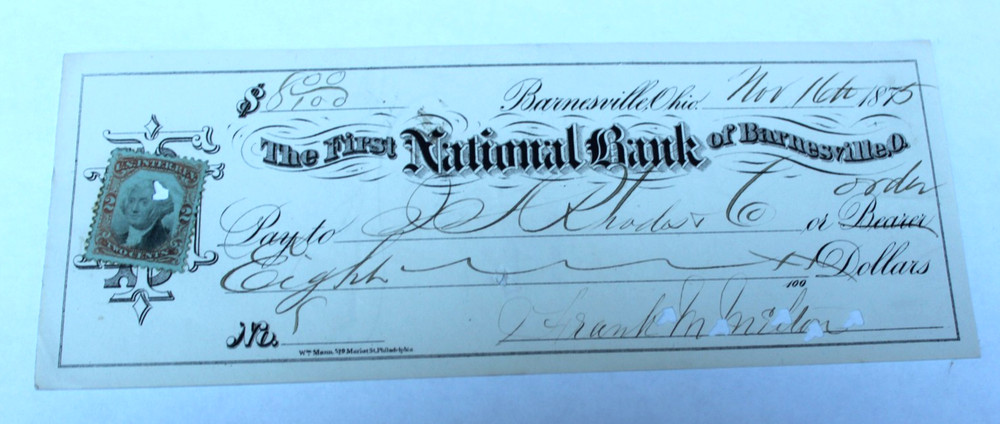 1875 1ST NB BARNESVILLE, OHIO BRIGHT VF+ NICE CRISP PAID REVENUE STAMP