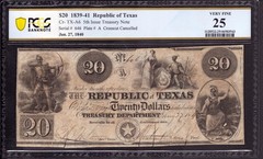 1840 $20 REPUBLIC OF TEXAS AUSTIN OBSOLETE TREASURY NOTE PCGS B VERY FINE VF 25