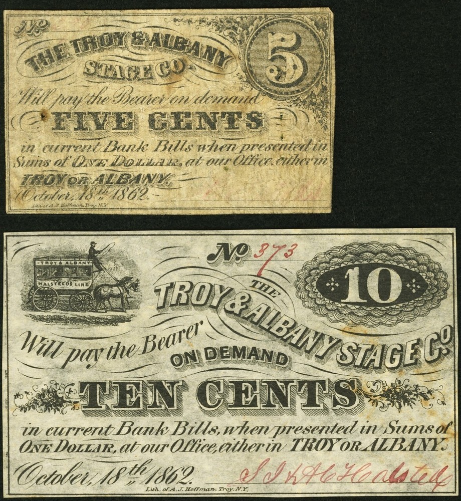 (2) Notes – Troy, NY – Troy & Albany Stage Co. 5¢ & 10¢ 1862 *Civil War Era!*