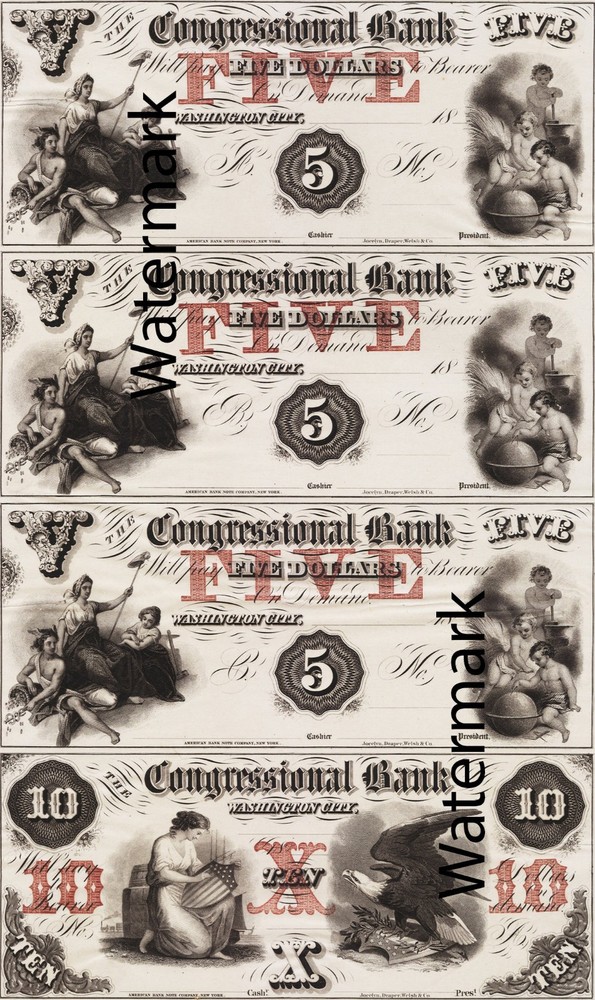 $5-$5-$5-$10 Congressional Bank Washington City DC Obsolete Currency Sheet REPRO