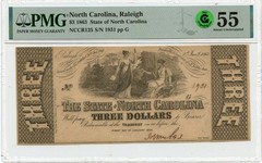 1863 $3 North Carolina, Raleigh PMG AU55 OBSNCCR125 GCC Green