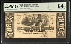 1863 Raleigh, North Carolina State of North Carolina $3 Note PMG 64 EPQ