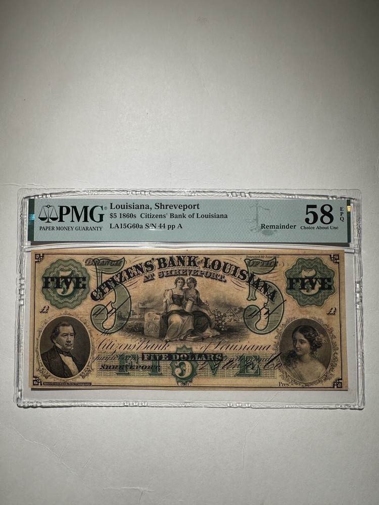 Citizens’ Bank Of Louisiana Shreveport $5 1860s Remainder