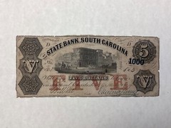 1850s $5 Five Dollars The State Bank of South Carolina cd