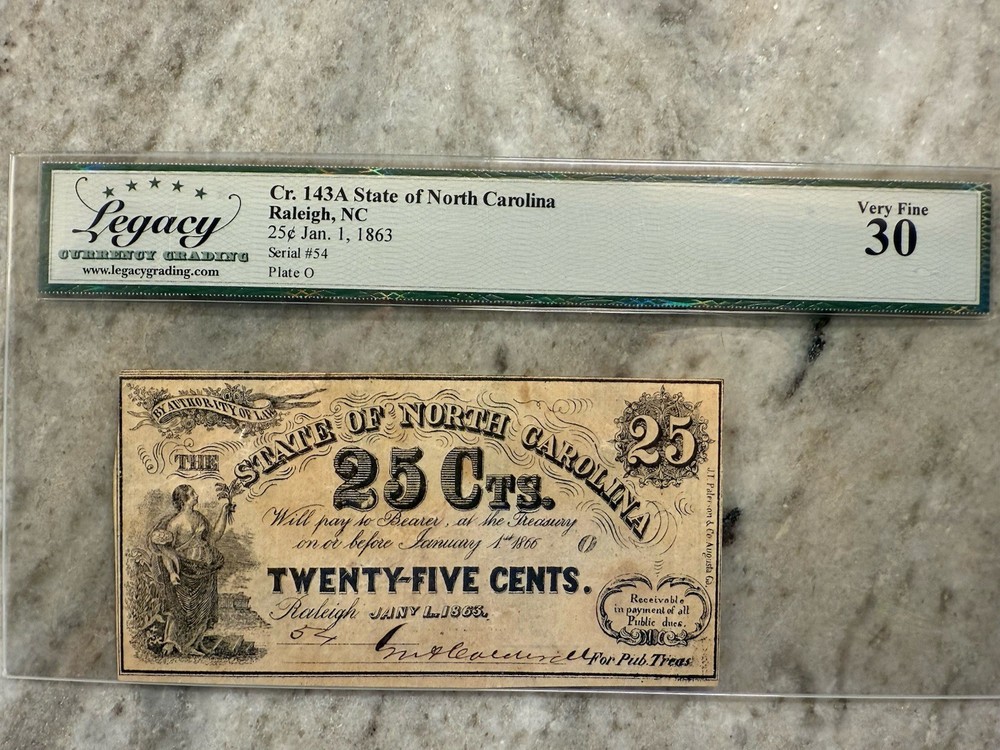 1863 North Carolina Fractional $0.25 (Cr. 143A), Legacy VF30, Recycled Paper