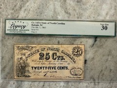 1863 North Carolina Fractional $0.25 (Cr. 143A), Legacy VF30, Recycled Paper